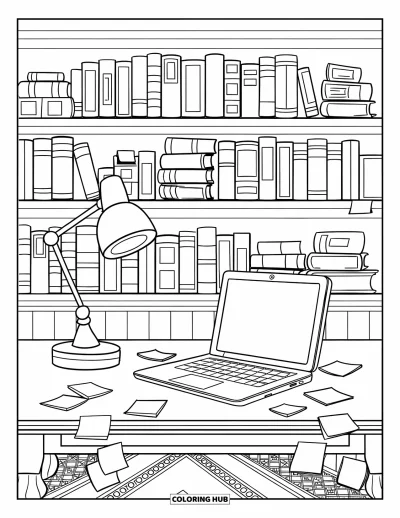 Coloriage d'ordinateurs pour enfants : Espace d'étude animé avec notes autocollantes, livres et une lampe de bureau chaleureuse