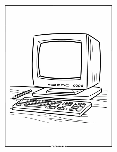 Coloriage d'ordinateurs pour enfants : Moniteur et clavier simples posés sur une table avec une gomme rouge