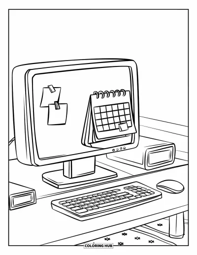 Coloriage d'ordinateurs pour enfants : Configuration de bureau simple avec calendrier, clavier et fond épuré
