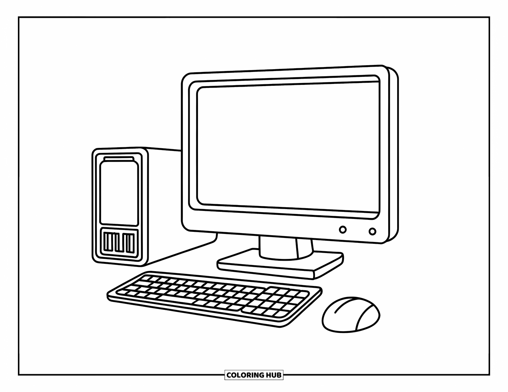 Computer Coloring Page for Kids: Simple computer setup with bold shapes, perfect for little hands to color