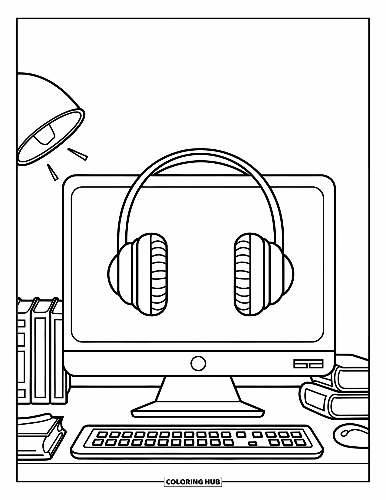 Computer Coloring Page for Kids: Simple desk scene with computer, headphones, lamp, and books