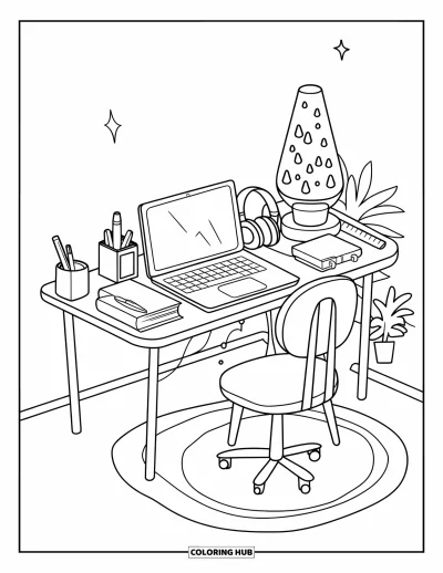 Coloriage d'ordinateurs pour enfants : Coin bureau d'adolescent avec gadgets, livres et petits détails cosy