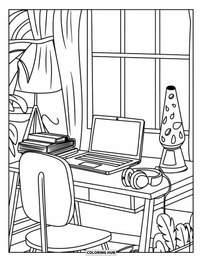 Coloriage d'ordinateurs pour enfants : Bureau d'adolescent avec casque, lampe à lave et matériel scolaire