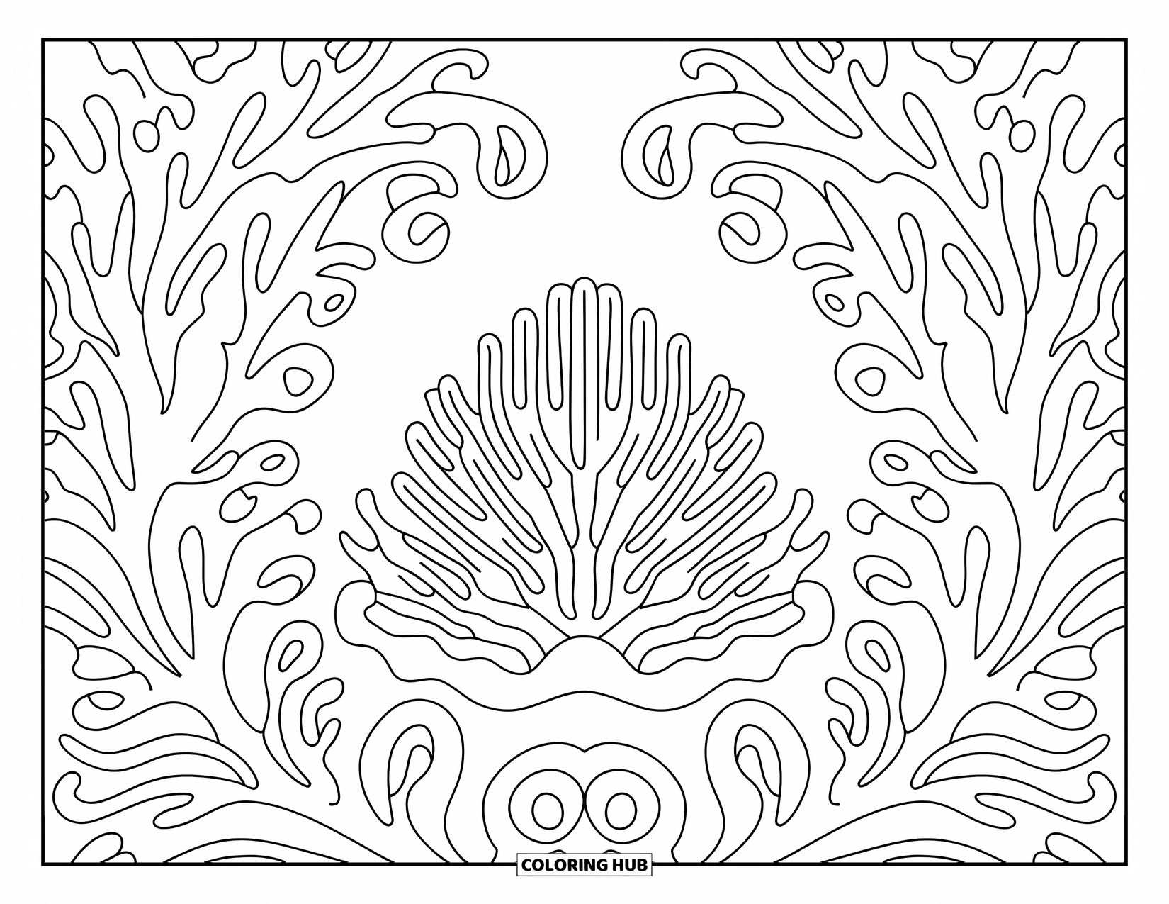 Coral Reef Coloring Page for Adults: A bold dome coral reef is surrounded by elegant swirls and leafy sea patterns