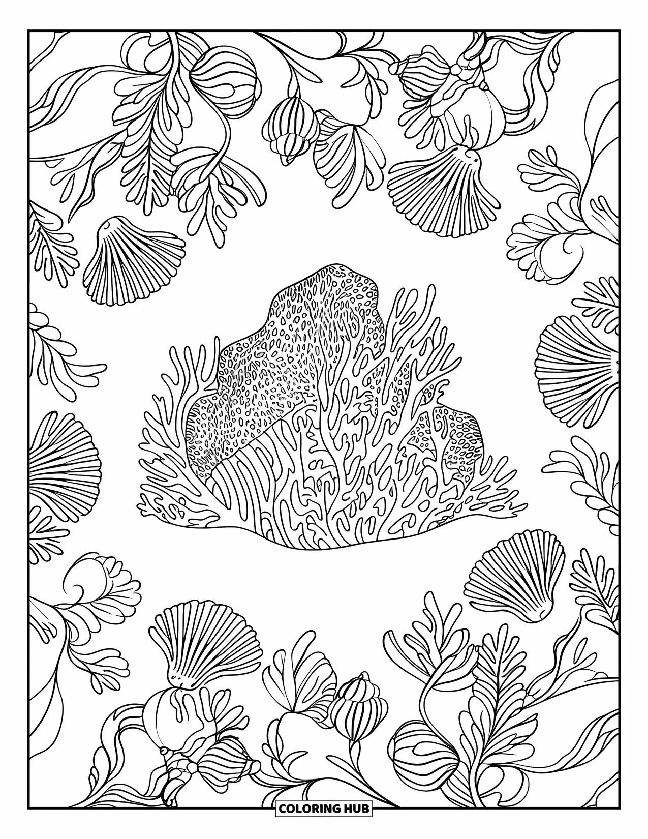 Coral Reef Coloring Page for Adults: A central coral reef sits inside a large mandala of plants, shells, and sea shapes