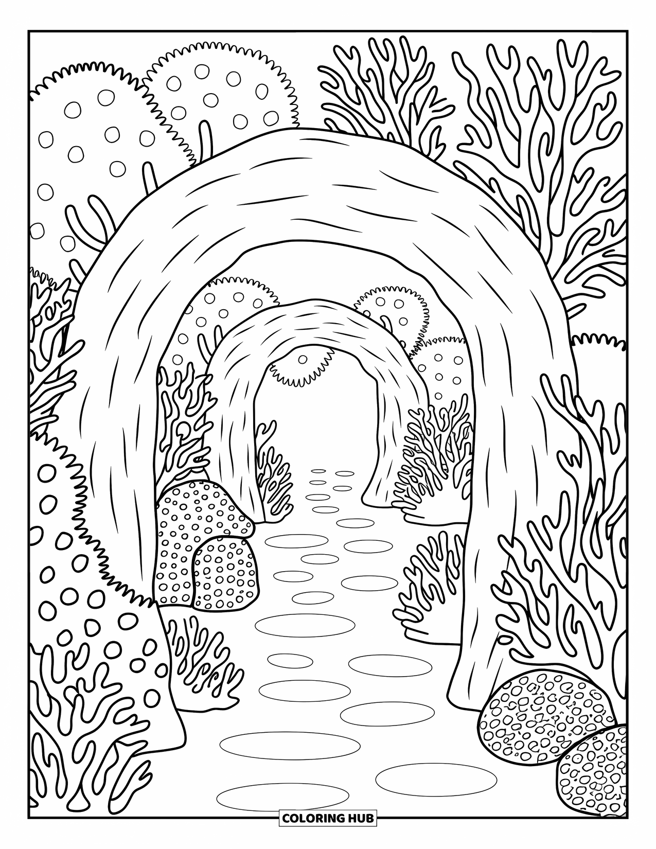 Coral Reef Coloring Page for Adults: A coral arch leads into a magical reef forest filled with puffy bushes and sea fans