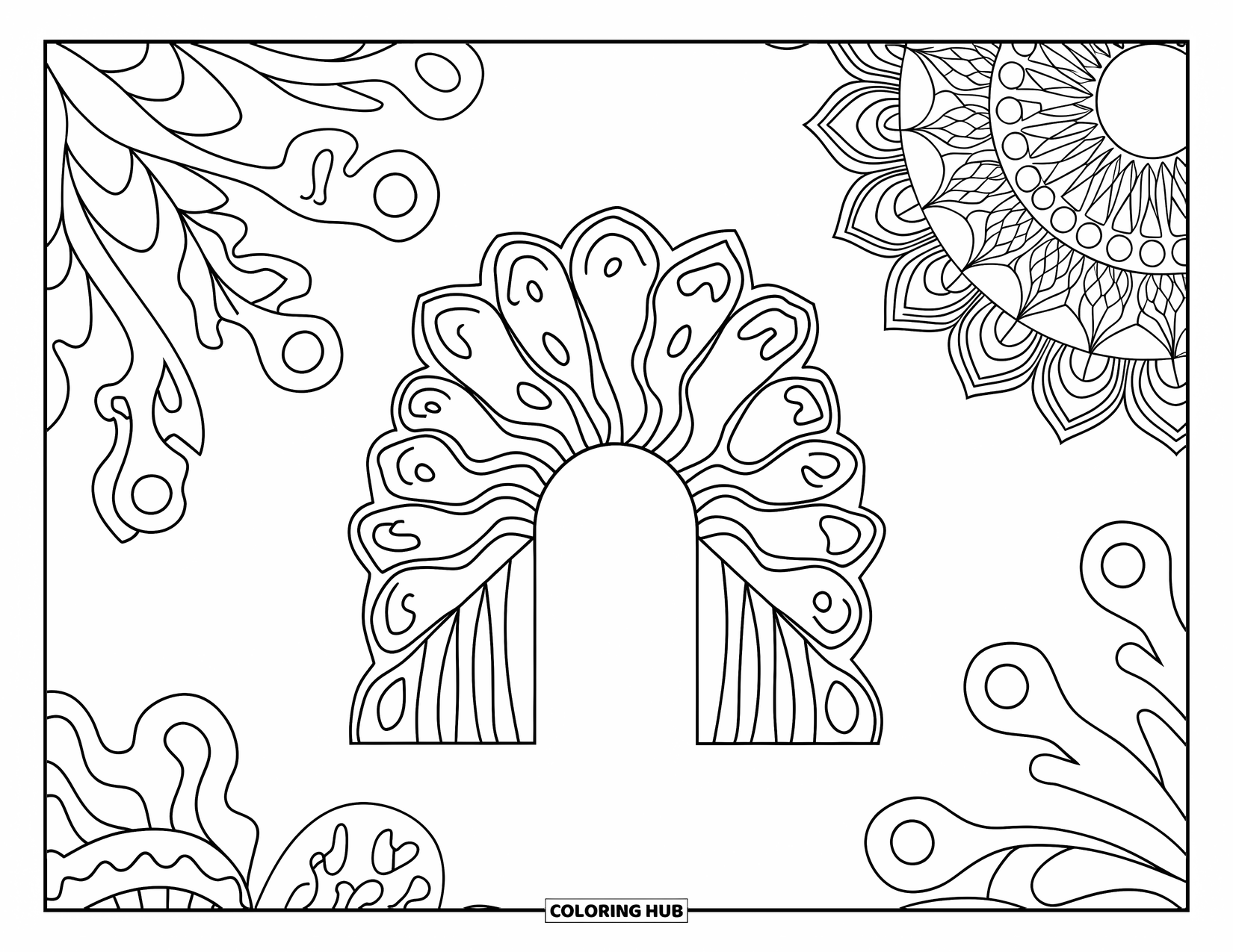Coral Reef Coloring Page for Adults: A coral arch with wavy seaweed scrolls and mandala shapes fills the center of the page