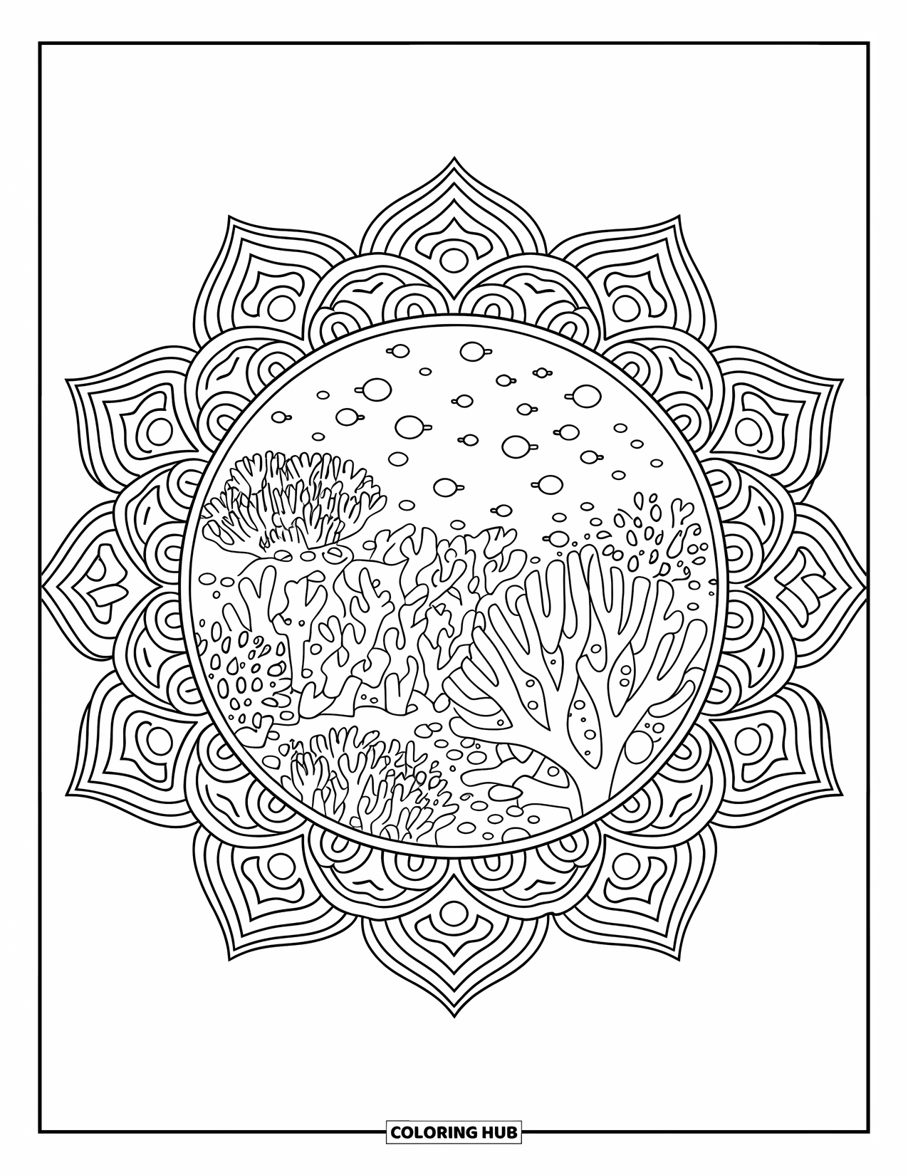 Coral Reef Coloring Page for Adults: A coral field is bordered by circular mandala rings made of reef-inspired designs