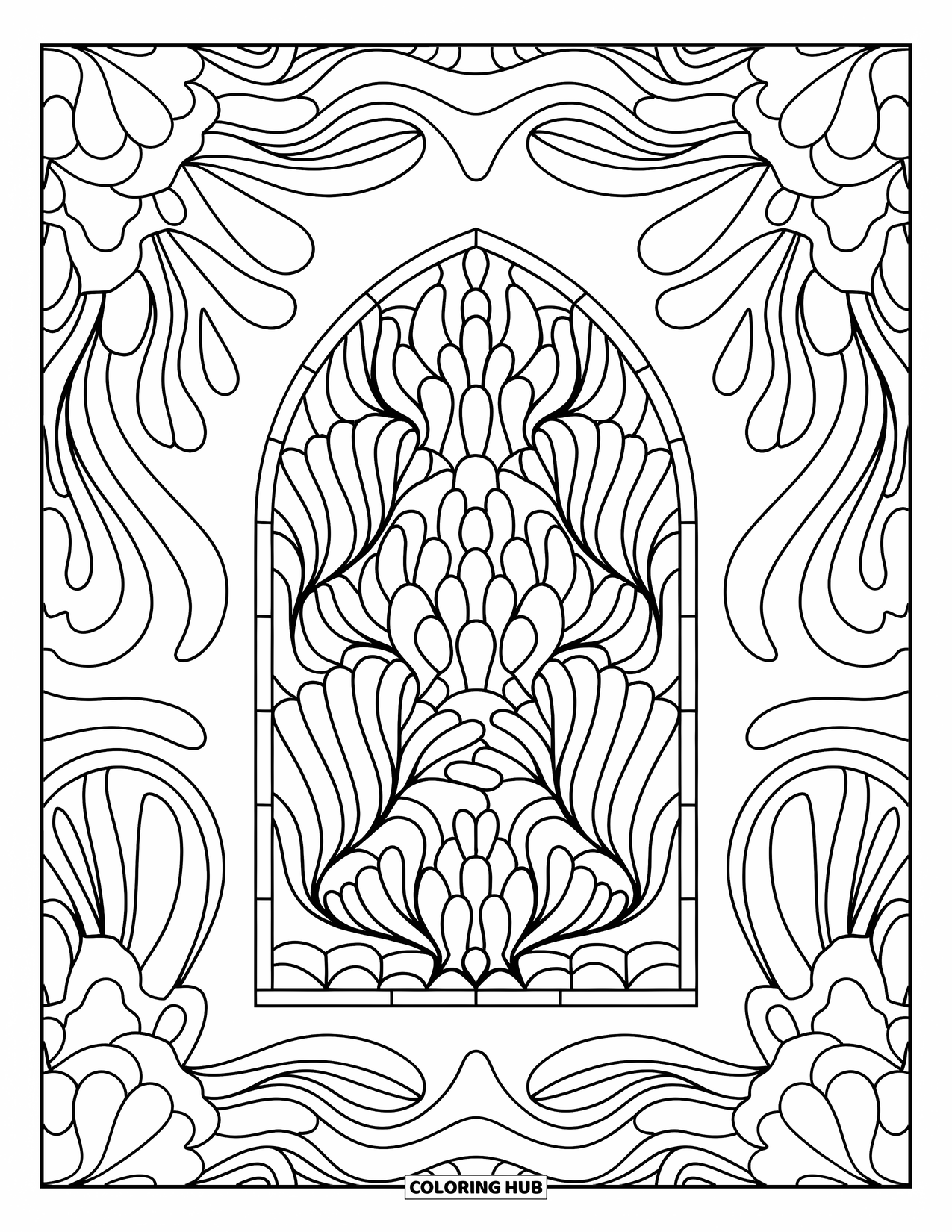 Coral Reef Coloring Page for Adults: A coral-filled reef wall sits among flowing lines, shells, and symmetrical border designs