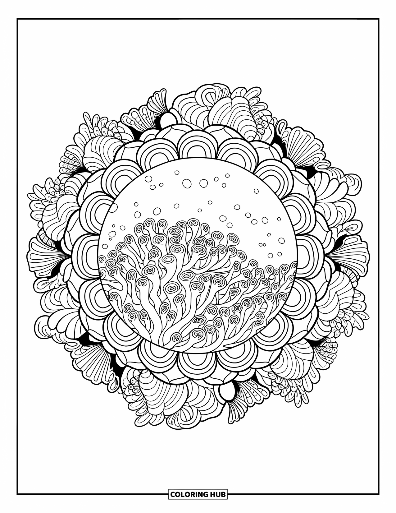 Coral Reef Coloring Page for Adults: A coral reef spirals outward with layered mandala rings, waves, and sea shapes