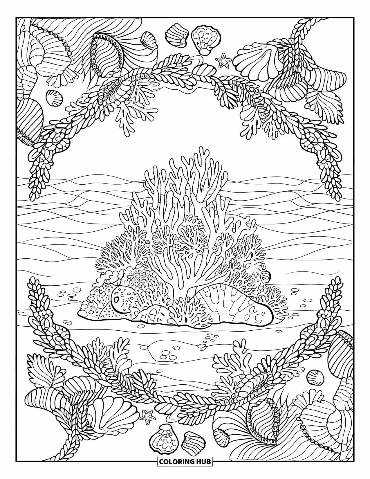 Coral Reef Coloring Page for Adults: A coral reef teeming with sea life sits inside a mandala of shells and sea plants