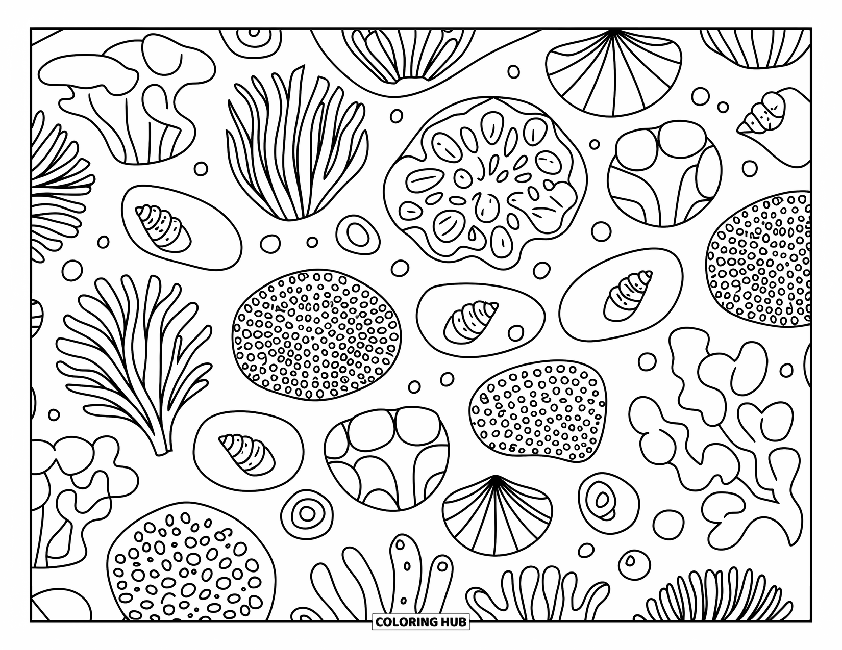 Coral Reef Coloring Page for Adults: A cozy patchwork of coral shapes spreads across the ocean floor like a soft underwater quilt
