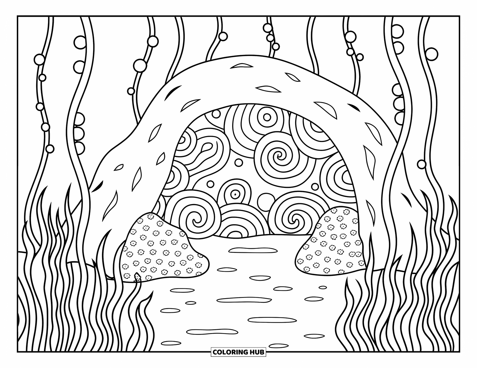 Coral Reef Coloring Page for Adults: A cozy reef cave hides behind waving grass, with bubbles drifting through a peaceful scene