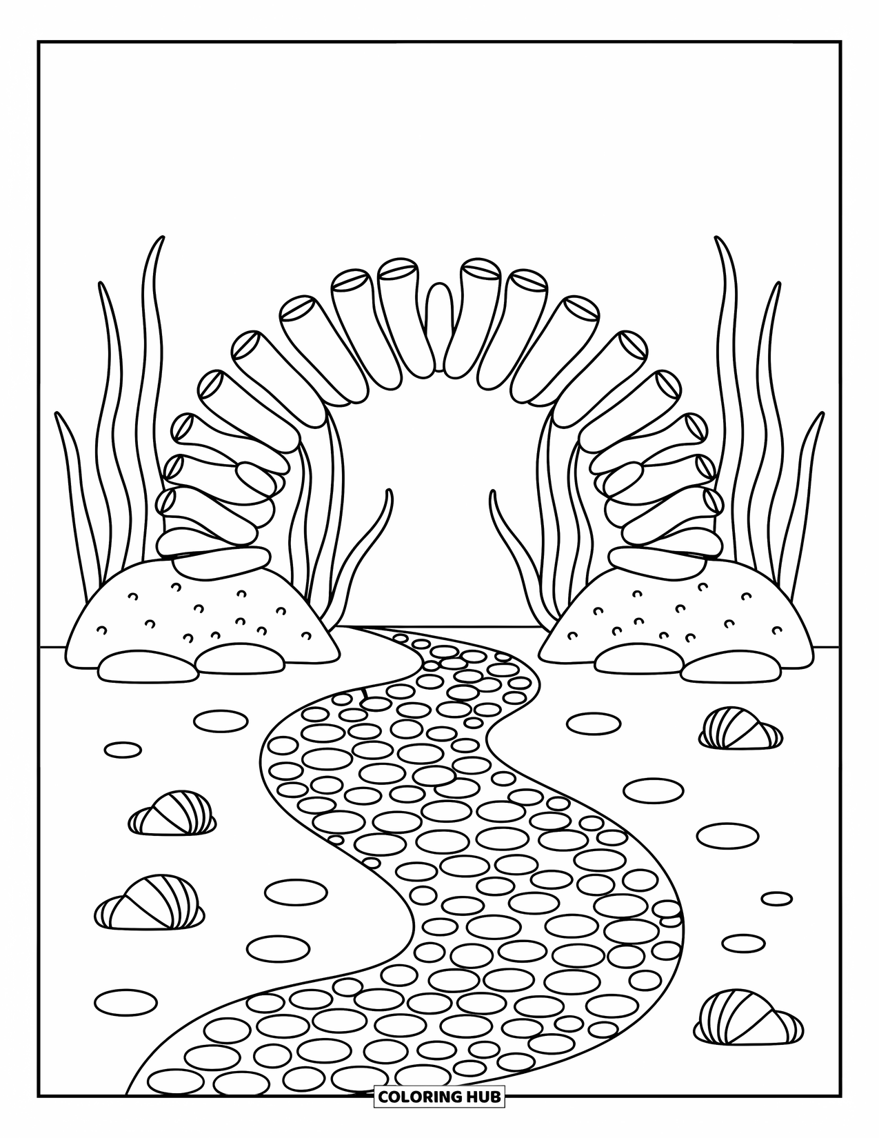 Coral Reef Coloring Page for Adults: A cute coral bridge arches over a shell-lined path with soft curves and waving seaweed
