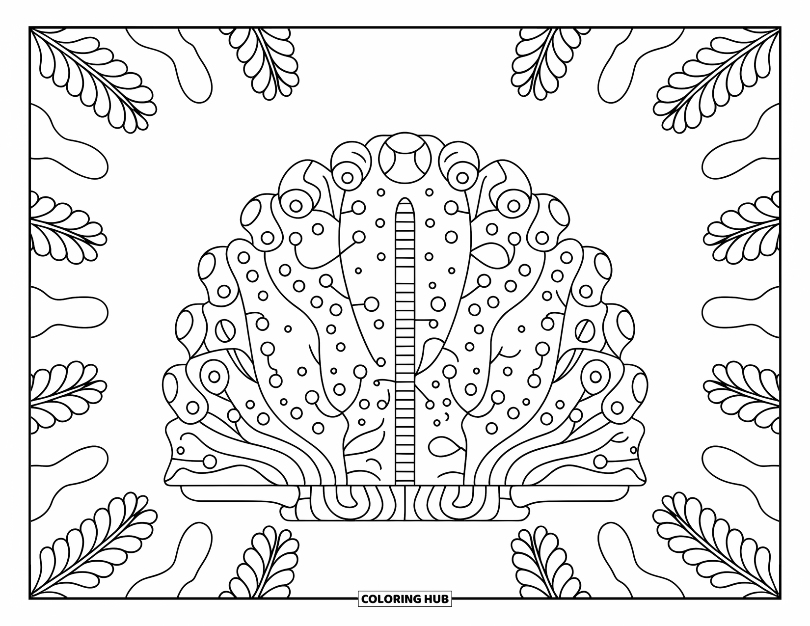 Coral Reef Coloring Page for Adults: A dome reef with coral tubes and swirls is framed by a neat, flowing design