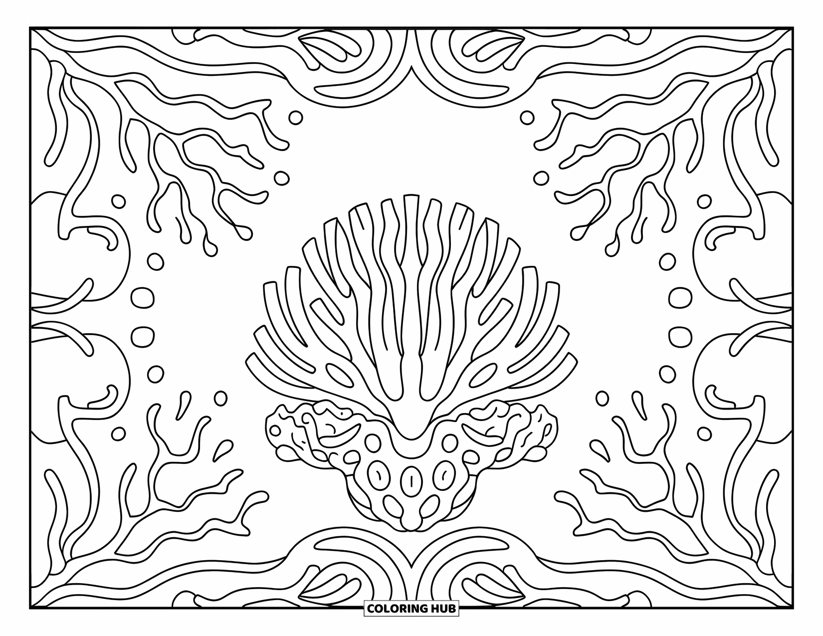 Coral Reef Coloring Page for Adults: A dome-shaped coral reef sits at the center, wrapped in swirling coral and leaf patterns