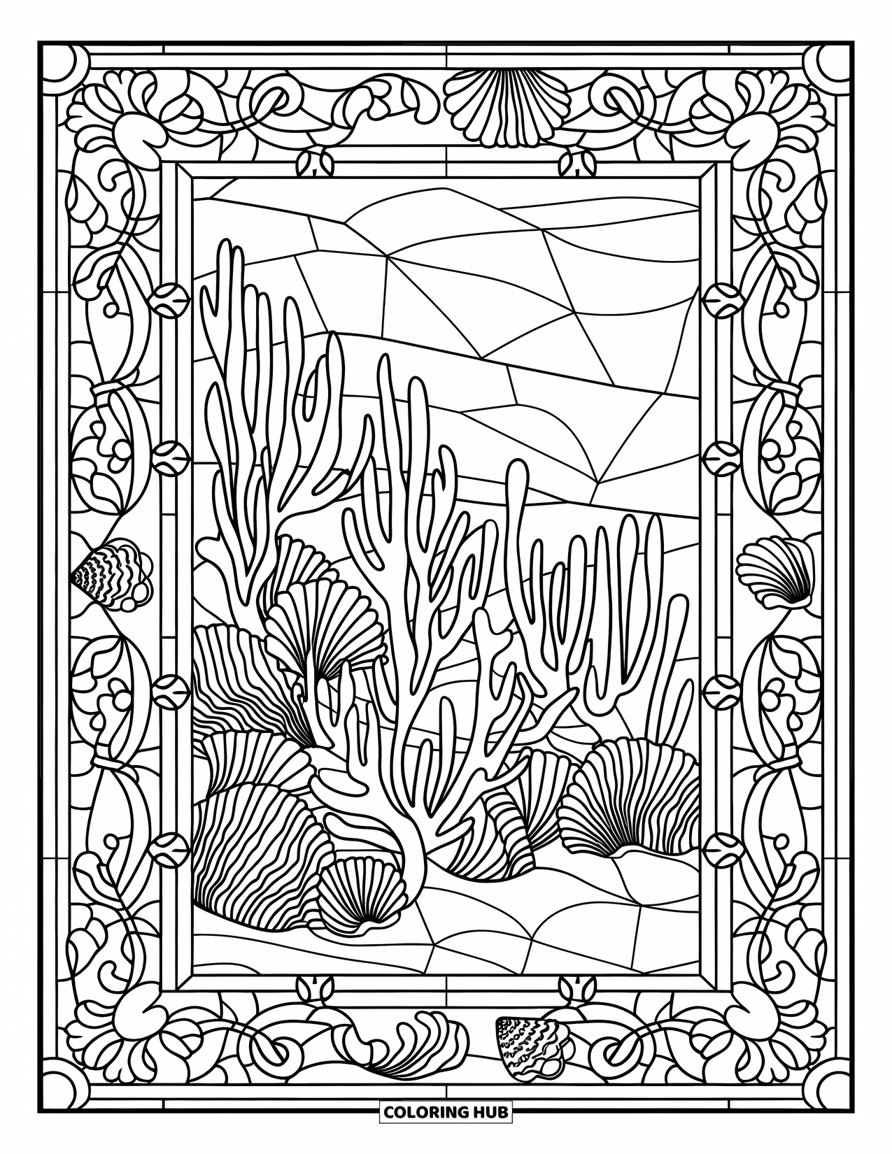 Coral Reef Coloring Page for Adults: A reef wall stands tall, framed by stained-glass-style coral, shells, and curvy lines