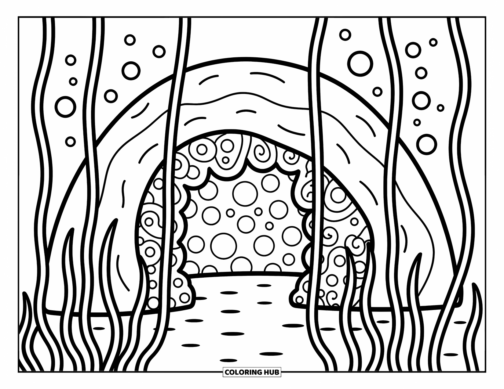 Coral Reef Coloring Page for Adults: A rounded coral cave peeks from behind sea grass, surrounded by dreamy swirls and bubbles