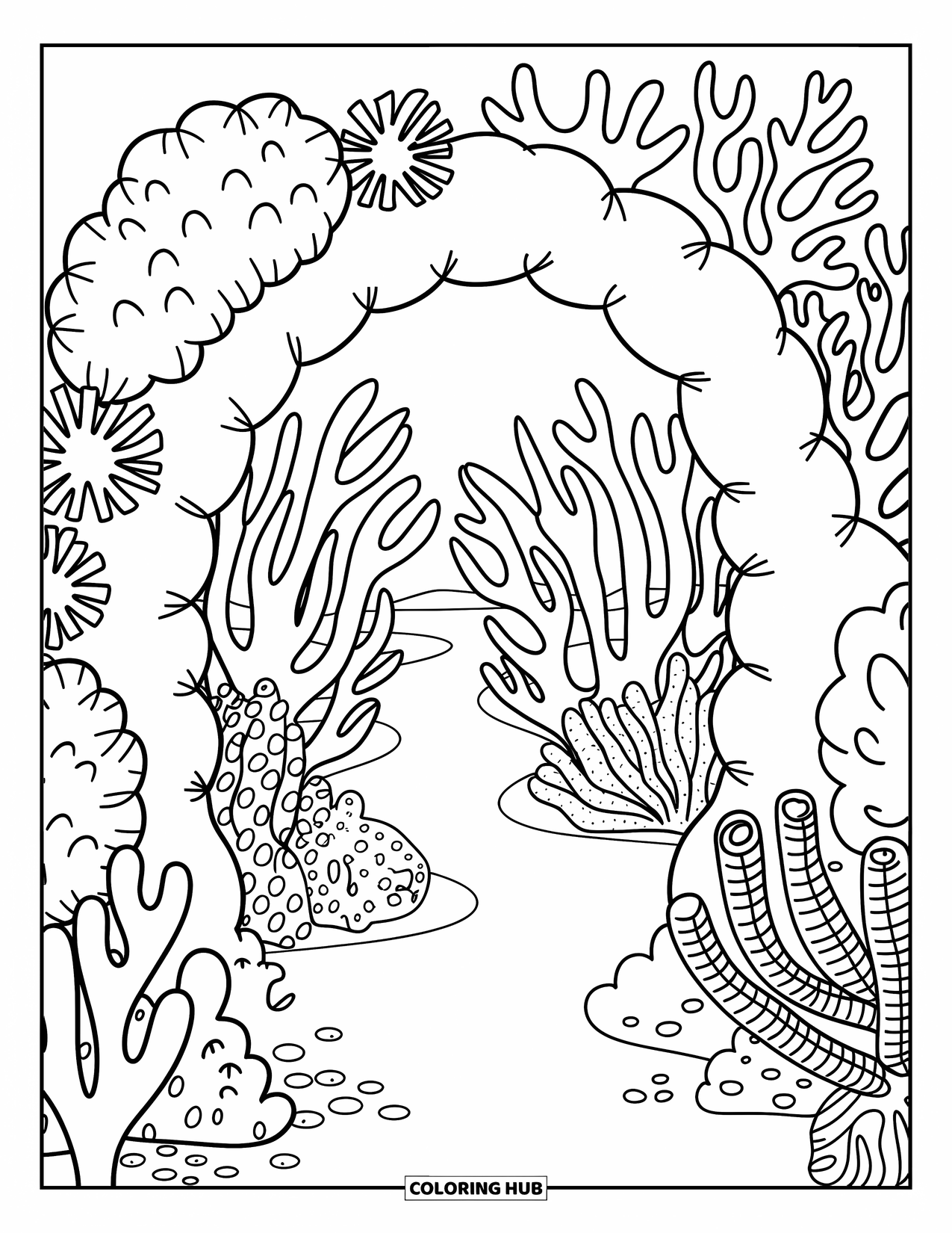 Coral Reef Coloring Page for Adults: A soft coral arch opens into a gentle underwater forest filled with cozy coral walkways