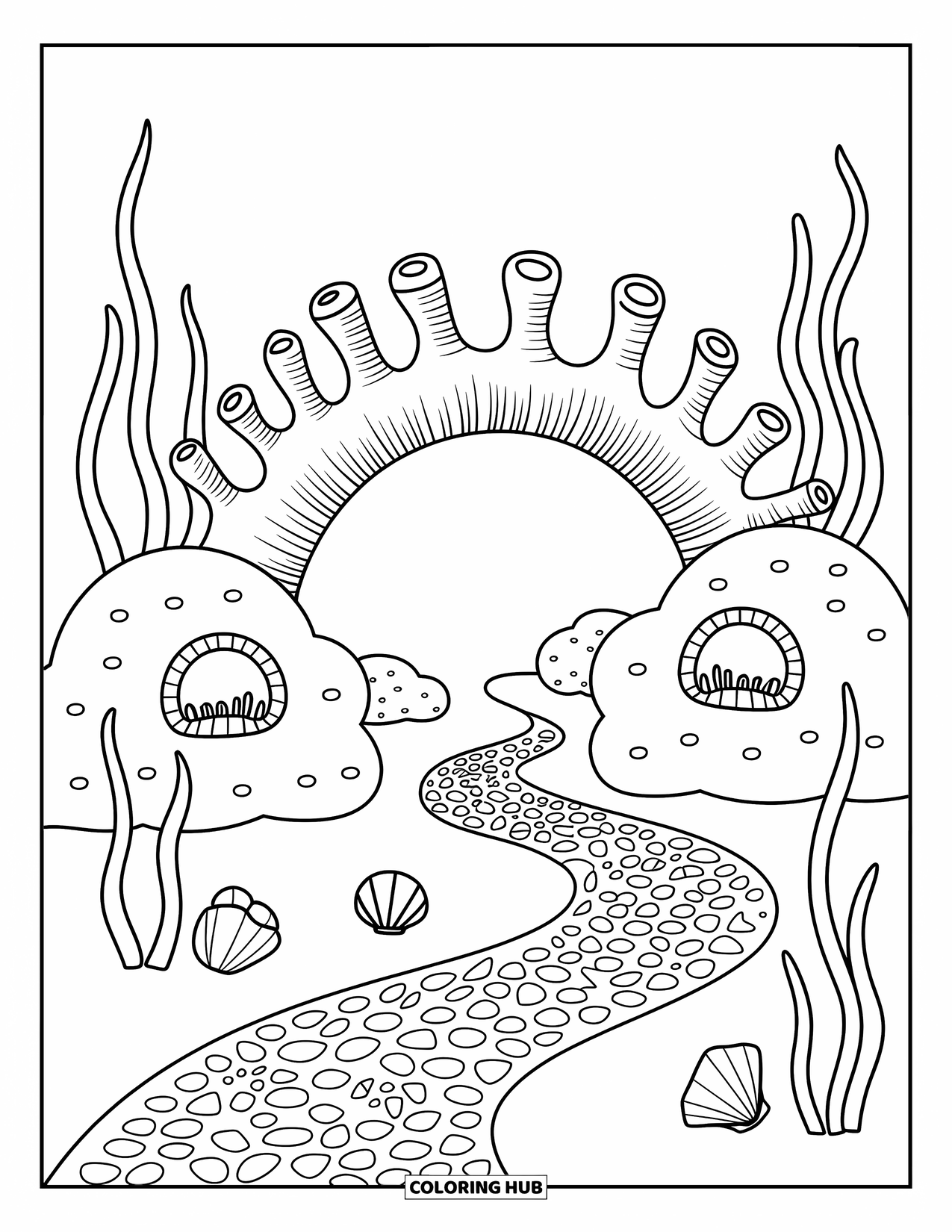 Coral Reef Coloring Page for Adults: A sweet coral bridge links reef mounds, with shells, seaweed, and little cozy reef windows
