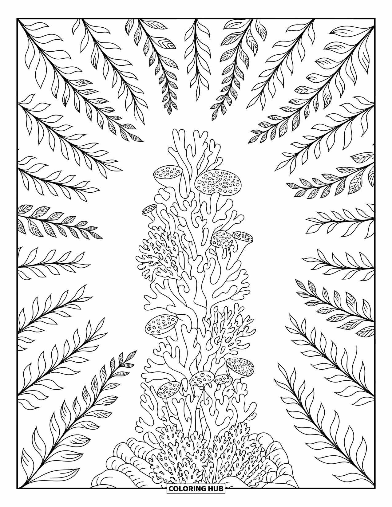 Coral Reef Coloring Page for Adults: A vertical coral garden is wrapped in swirling kelp and detailed marine leaves