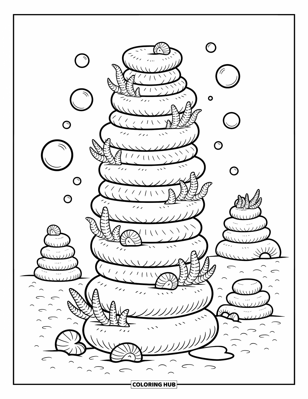 Coral Reef Coloring Page for Adults: Bulbous coral layers pile high like pancakes, with mossy tufts and bubble bridges in between