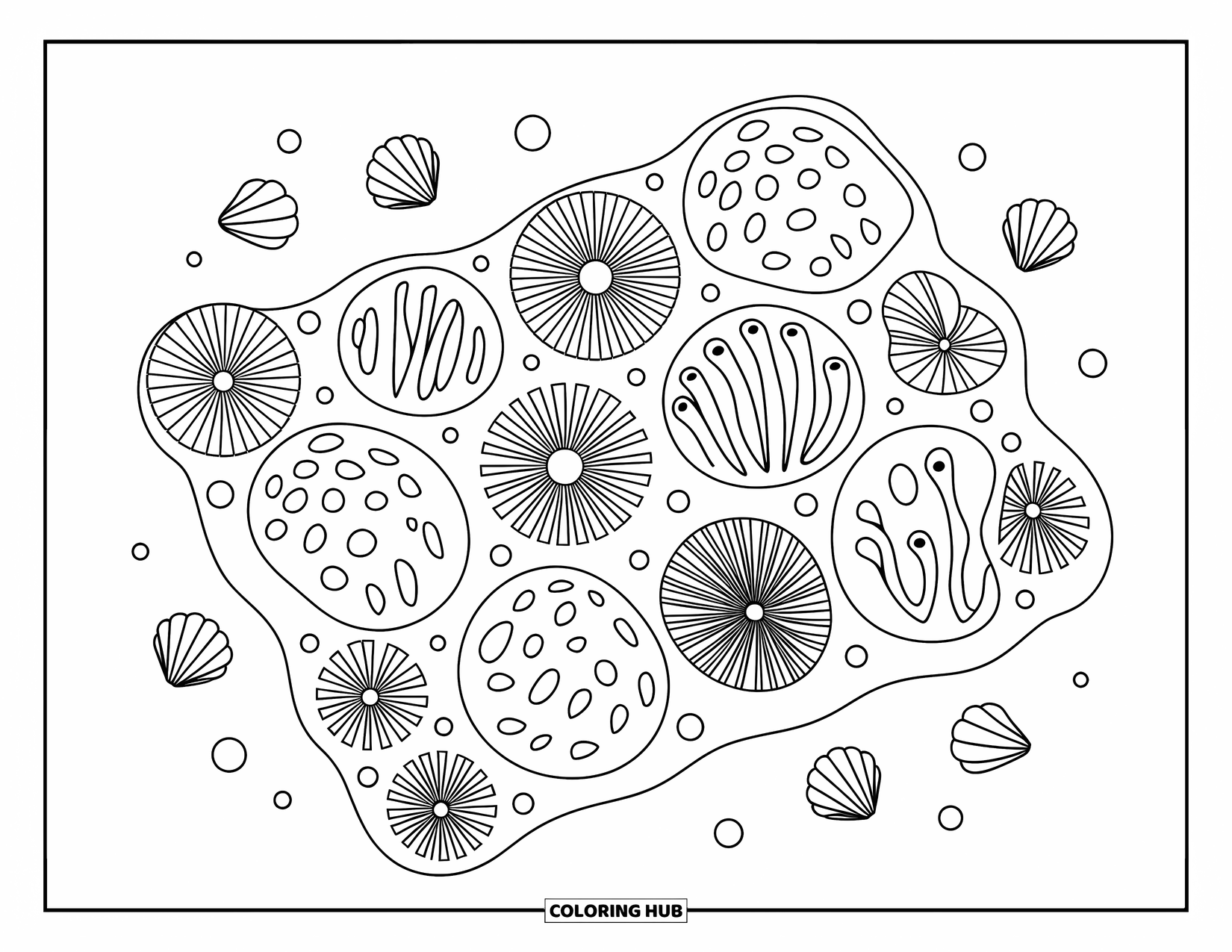 Coral Reef Coloring Page for Adults: Rounded coral patches, seashells, and bubbles form a cute reef that looks like a sea blanket