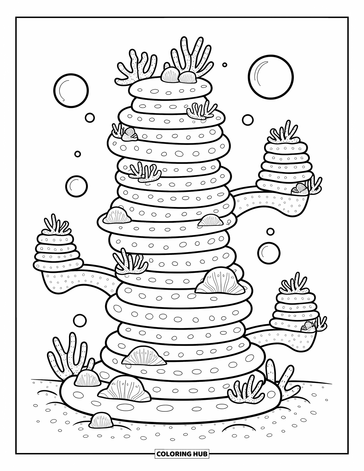 Coral Reef Coloring Page for Adults: Tall coral stacks grow upward like towers, with curled shells and arched bridges all around