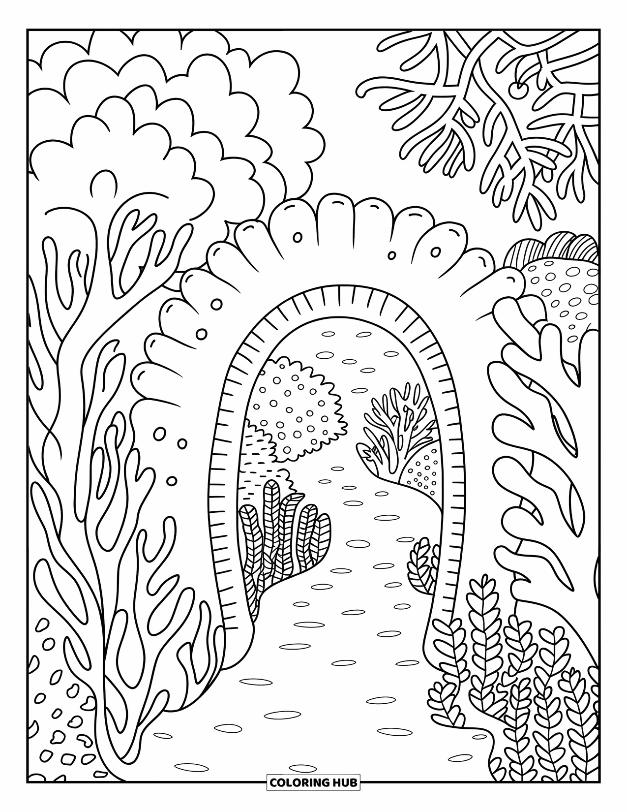 Coral Reef Coloring Page for Adults: Twisty coral and sea fans surround a tunnel arch that feels like a secret reef path