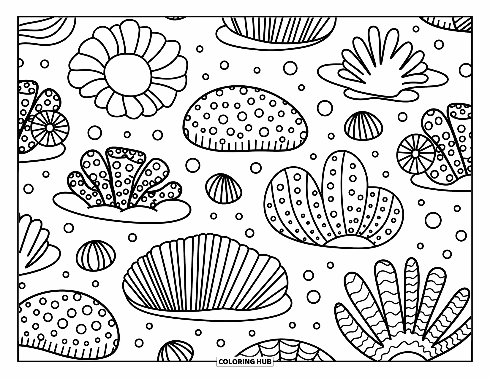 Coral Reef Coloring Page for Adults: Whimsical coral shapes and bubbles lie side by side like a cozy underwater patchwork
