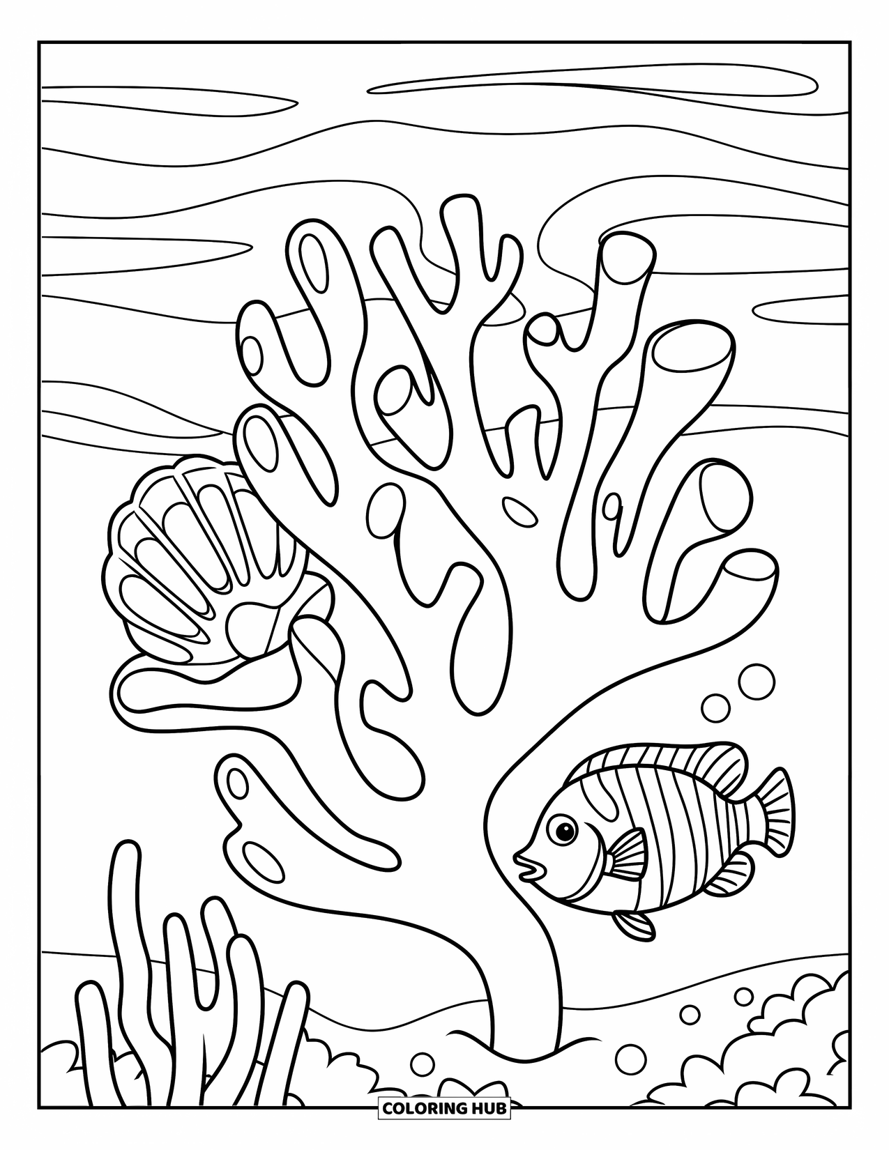 Coral Reef Coloring Page for Kids: Chunky coral branch with seashell and a curious fish swimming past