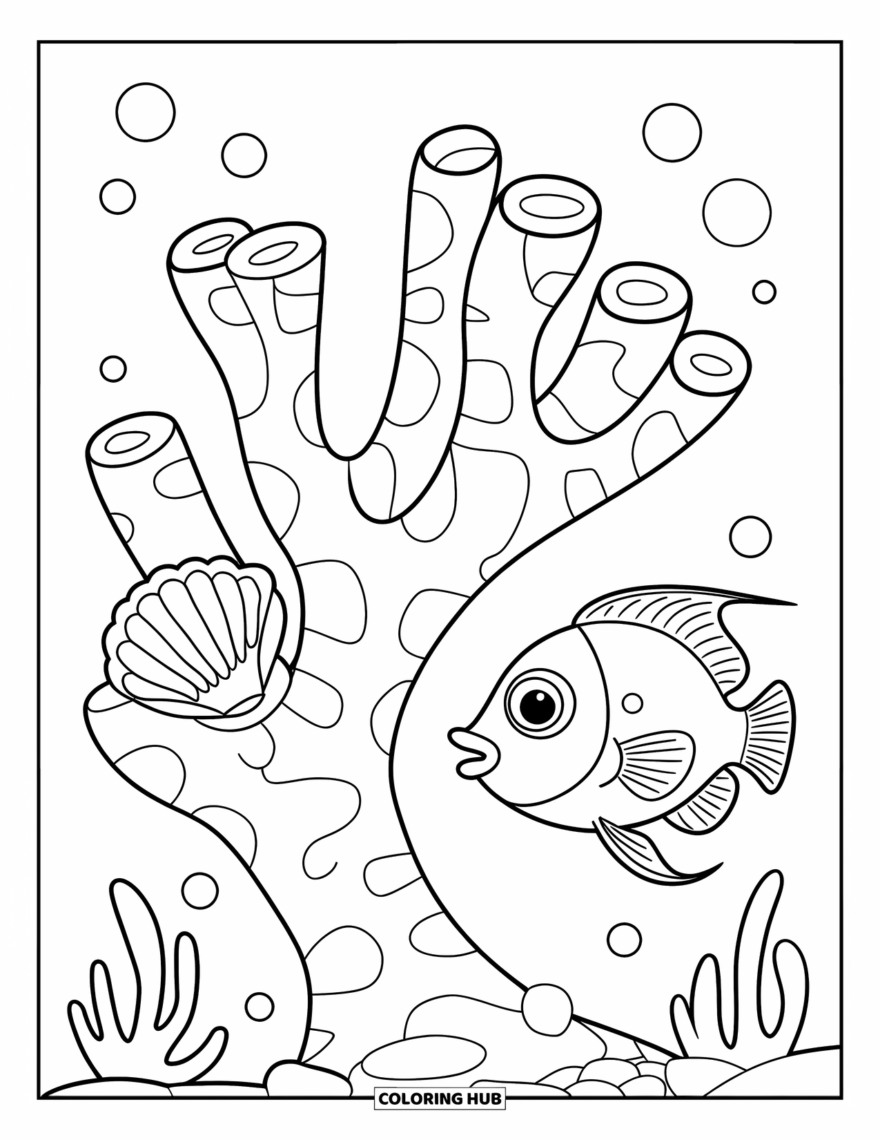 Coral Reef Coloring Page for Kids: Coral branch with seashell, fish, and round bubbles floating nearby