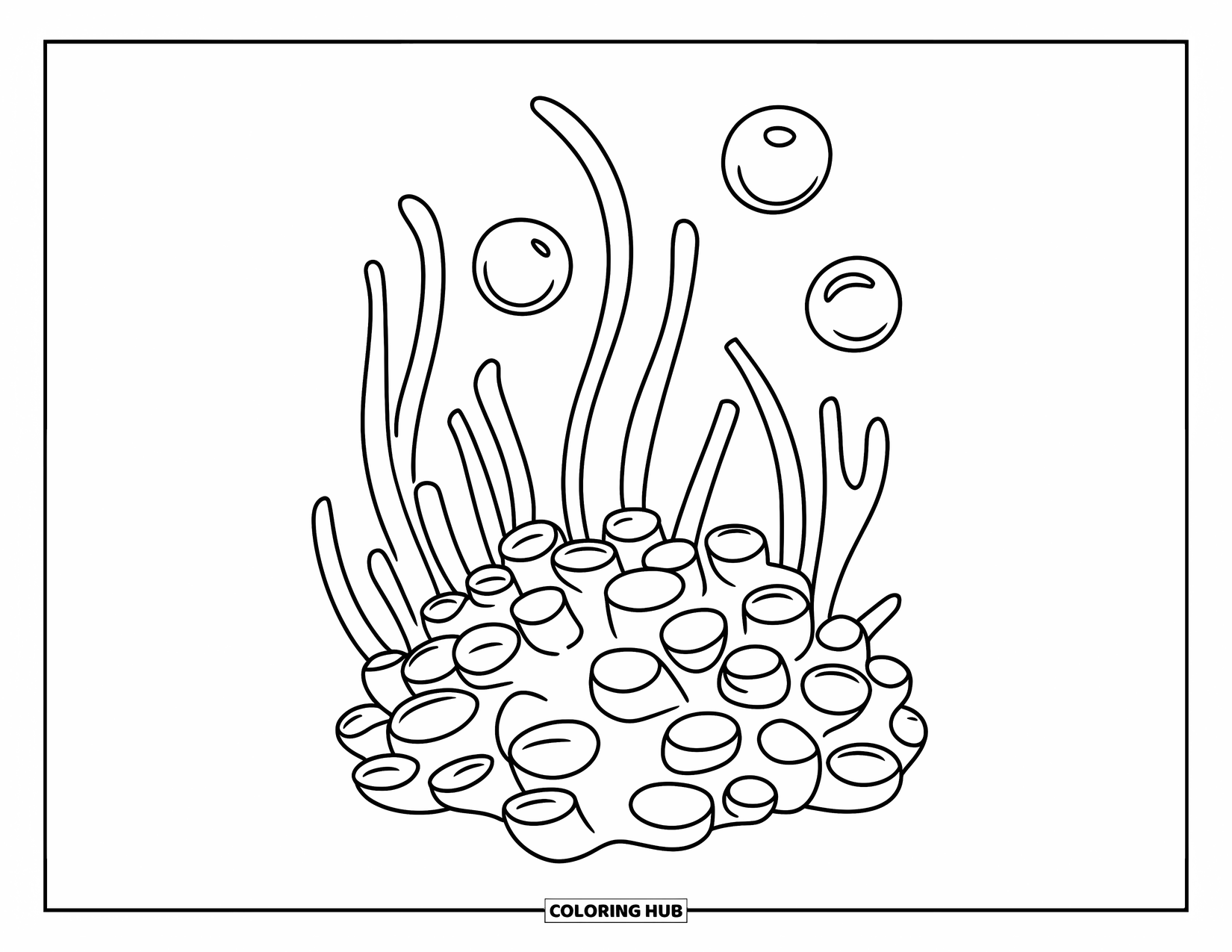 Coral Reef Coloring Page for Kids: Coral clump with bold seaweed and two thin-lined bubbles