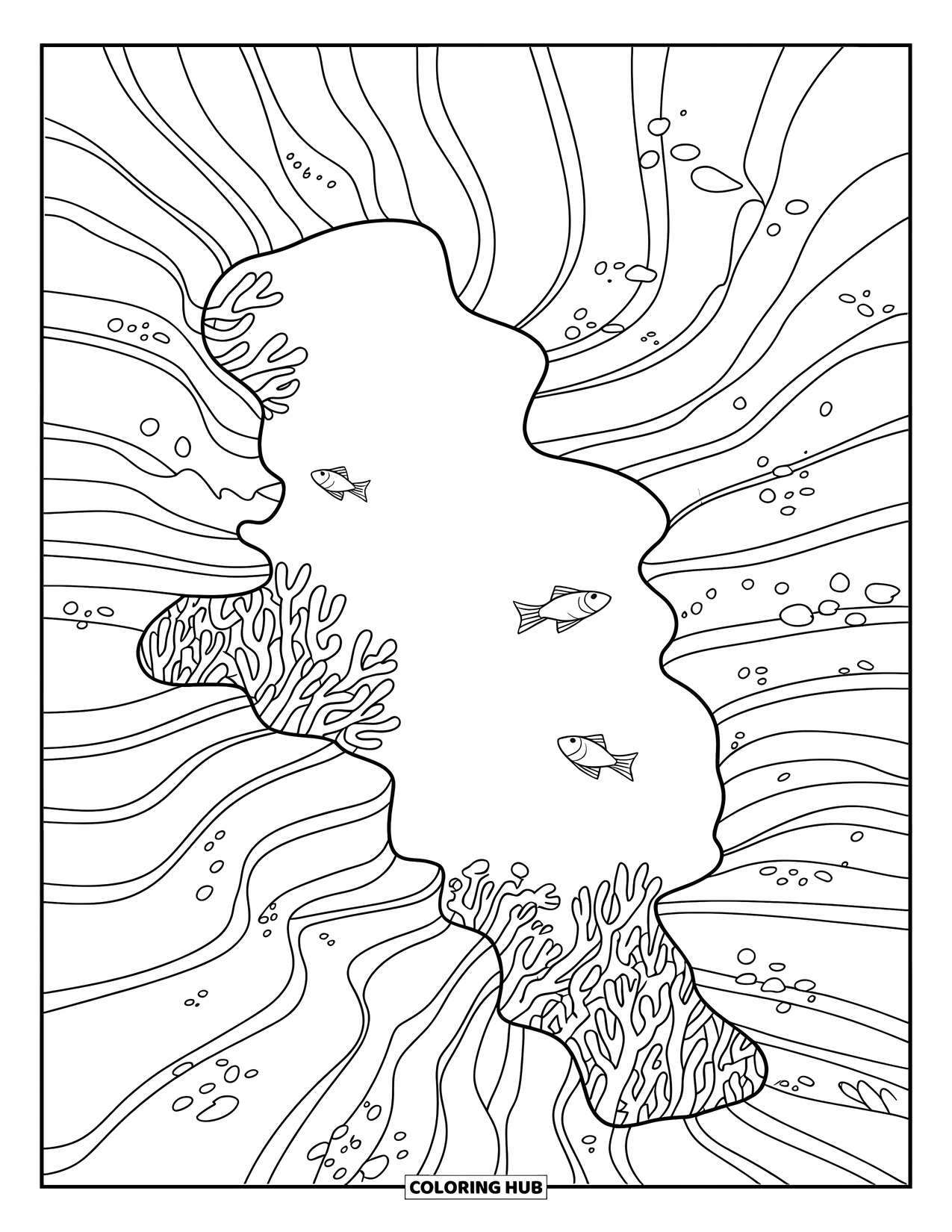 Coral Reef Coloring Page for Kids: Curving coral canyon filled with fish and textured reef shapes