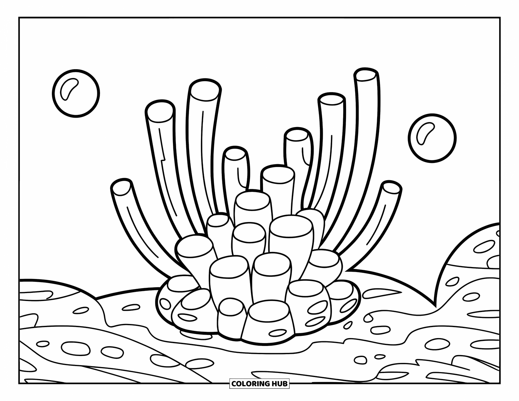 Coral Reef Coloring Page for Kids: Heart-shaped coral clump with curly seaweed and bubbles, playful for preschoolers