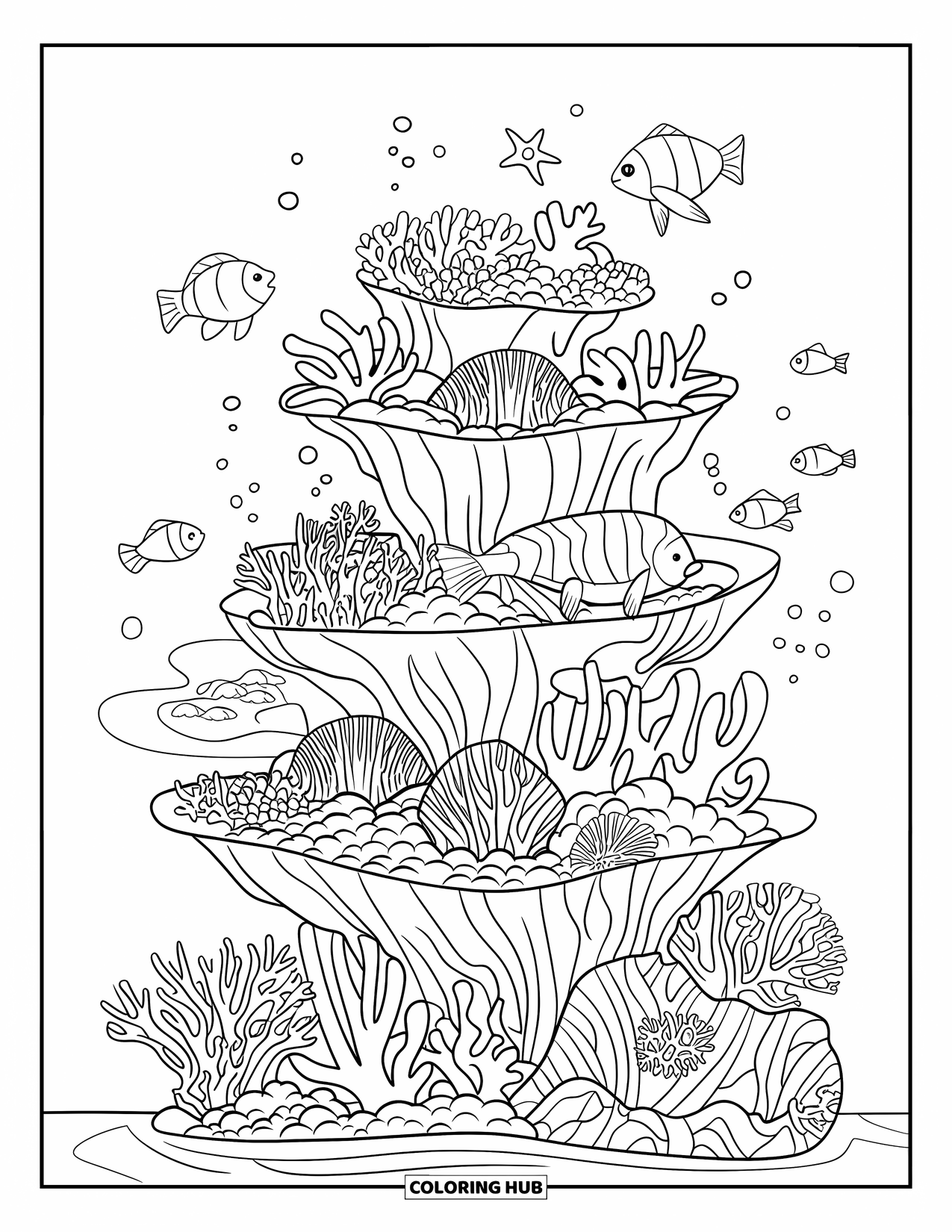 Coral Reef Coloring Page for Kids: Layered coral reef with fish, starfish, and turtles in a vibrant ocean scene