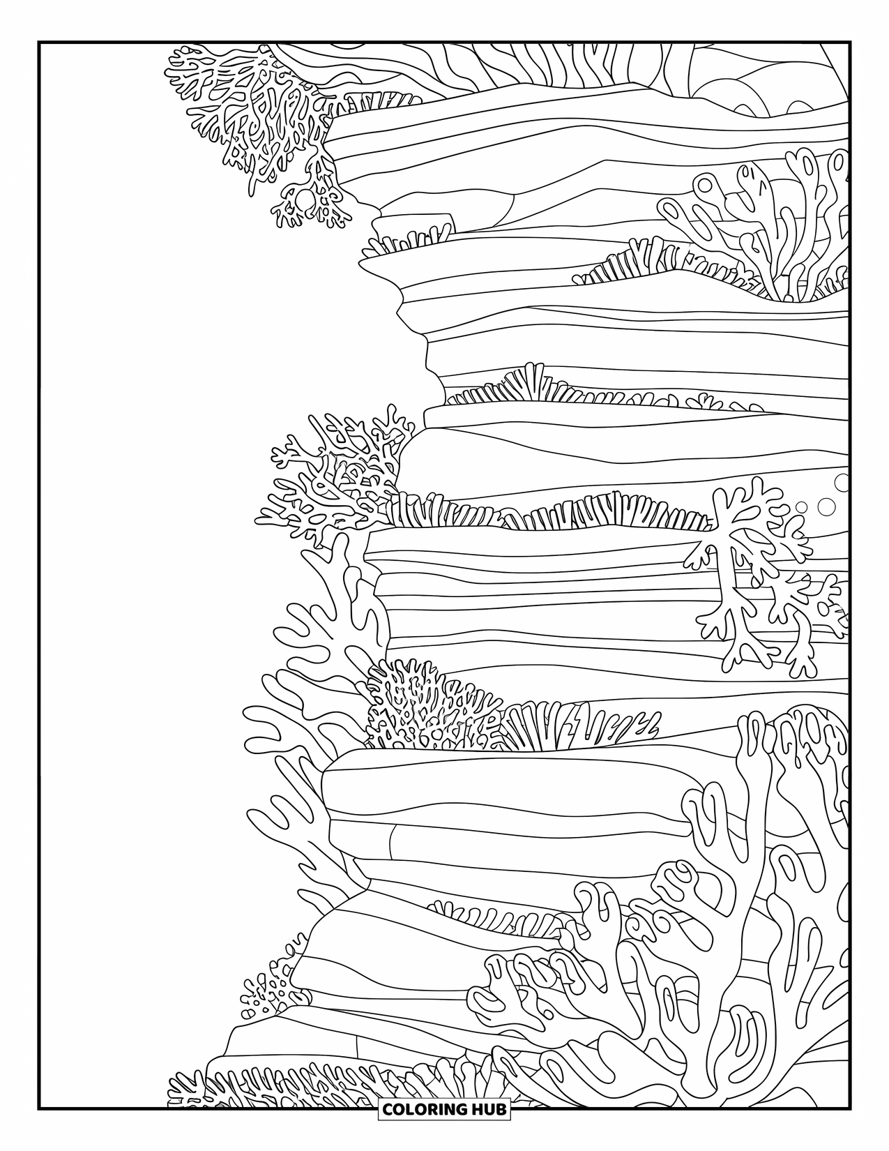 Coral Reef Coloring Page for Kids: Layered coral wall filled with patterns and underwater growth