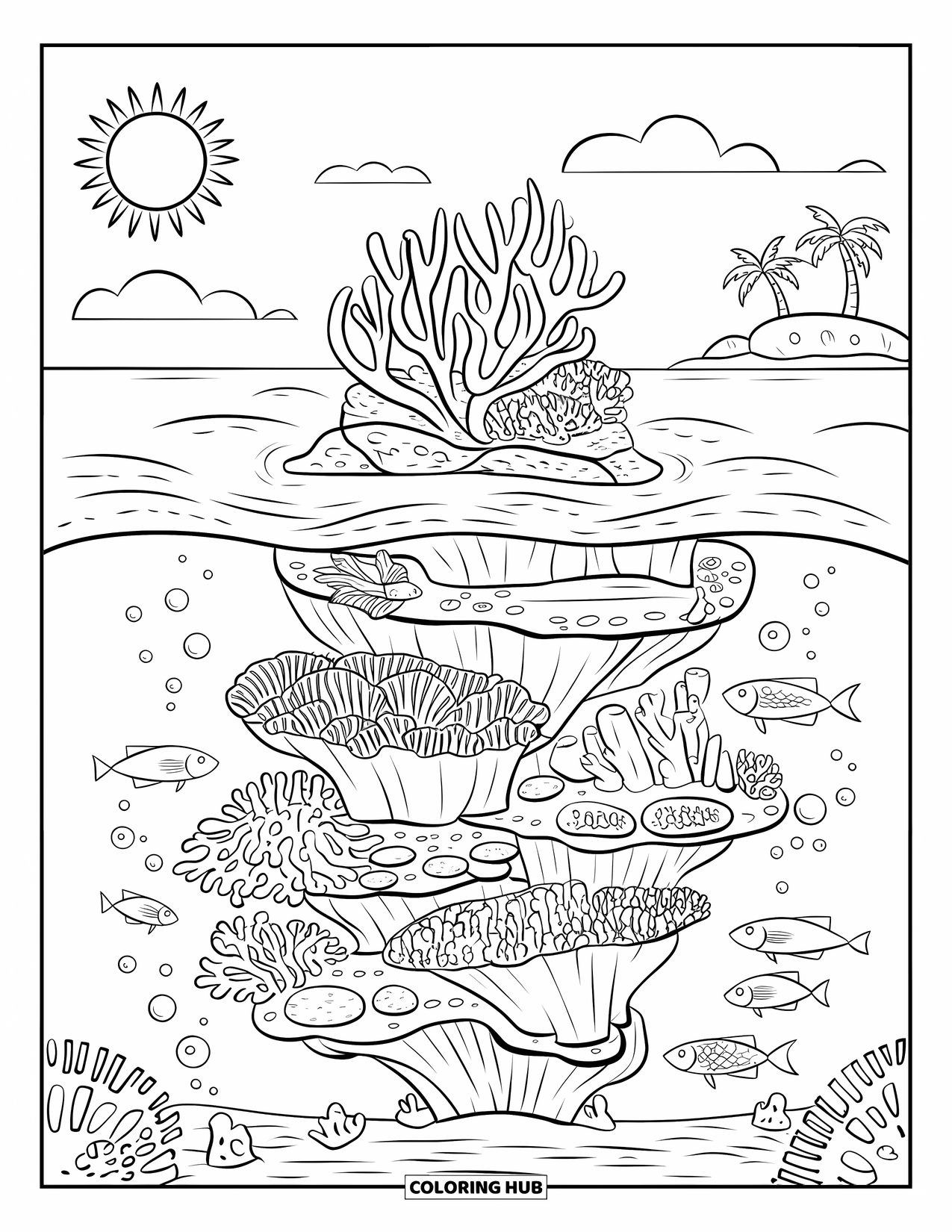 Coral Reef Coloring Page for Kids: Layered reef with fish, turtle, sun, clouds, and a distant island