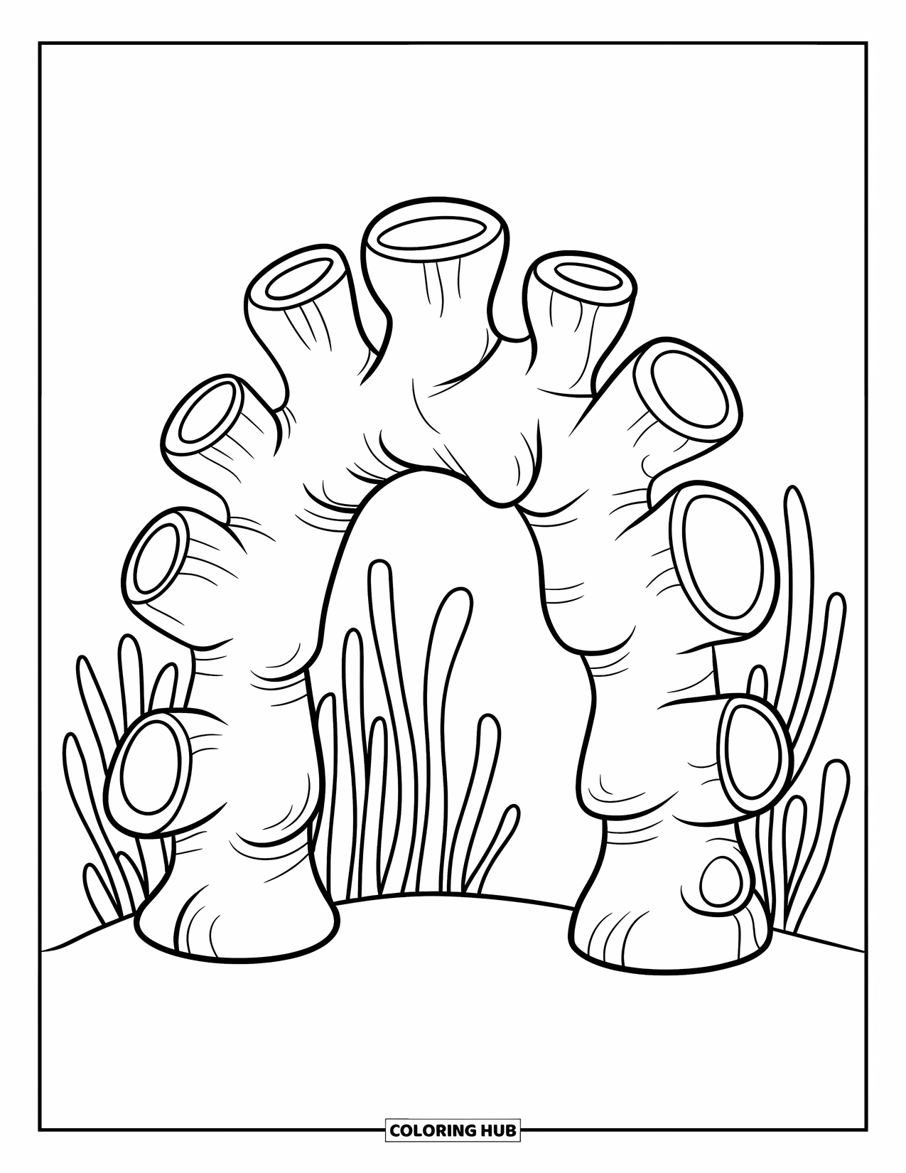 Coral Reef Coloring Page for Kids: Playful coral arch with large holes and soft sea plants