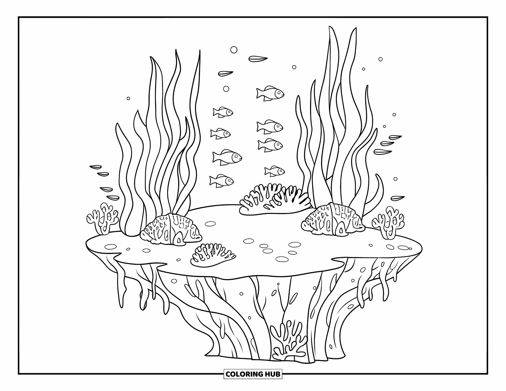 Coral Reef Coloring Page for Kids: Reef platform with tall seaweed and scattered coral patches