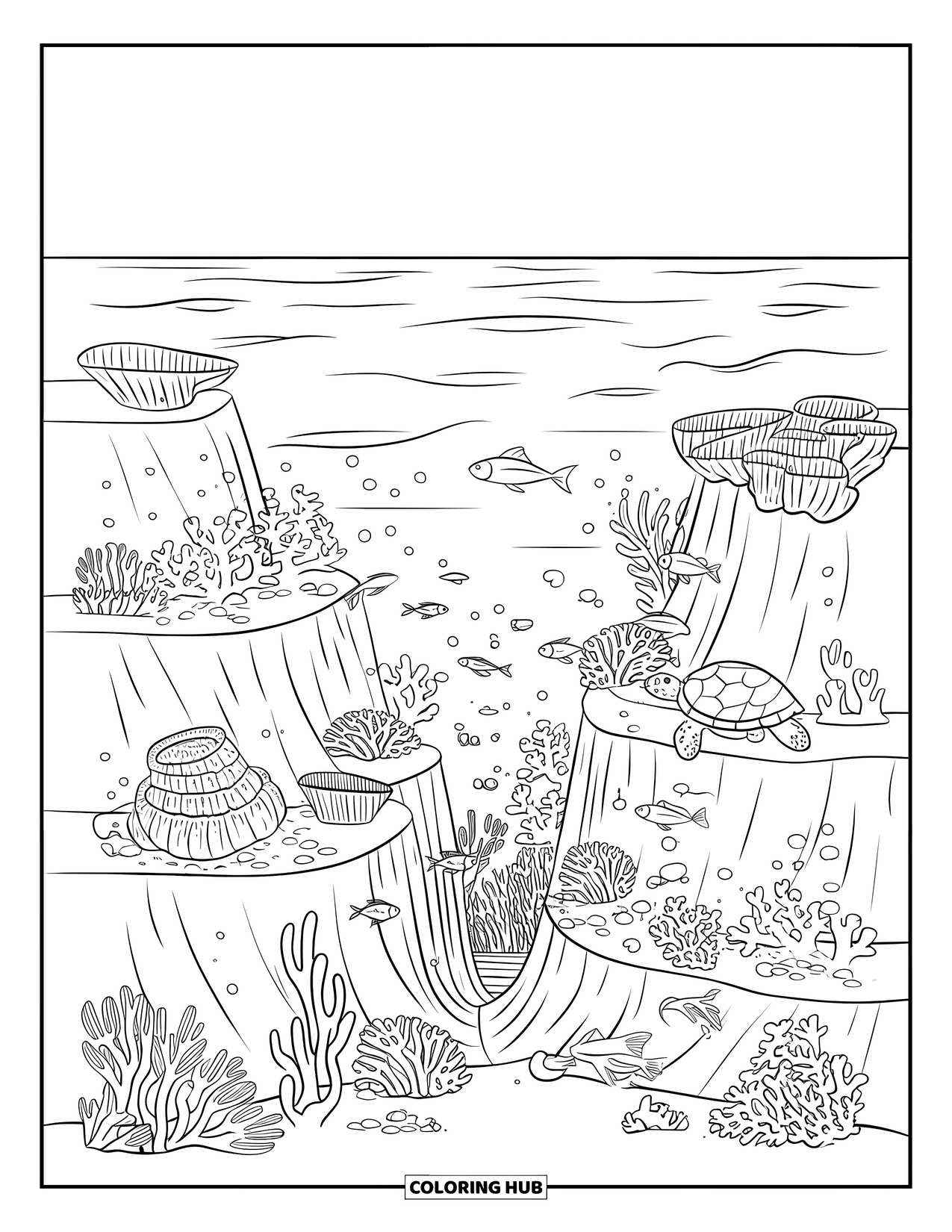 Coral Reef Coloring Page for Kids: Reef slope with fish, eels, and coral in a wide ocean view