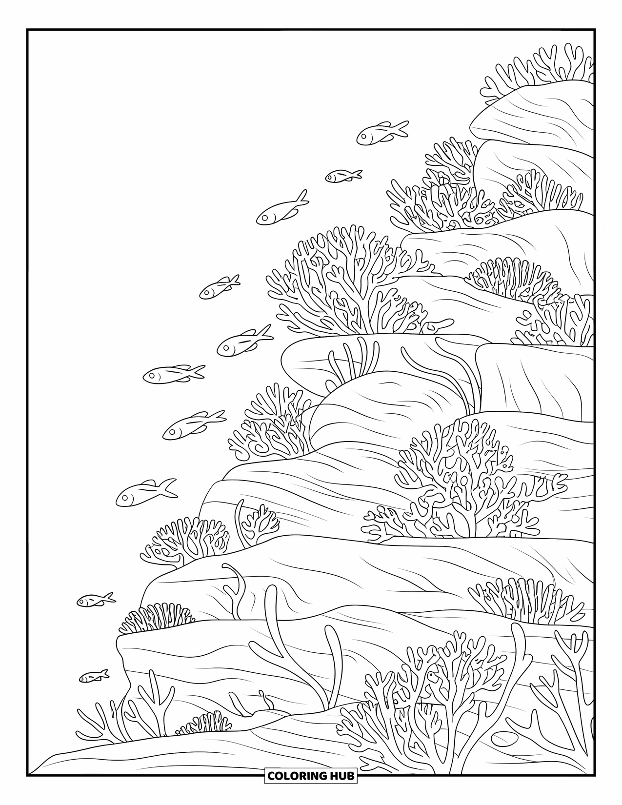 Coral Reef Coloring Page for Kids: Rocky coral slope with fish, shells, and branching coral