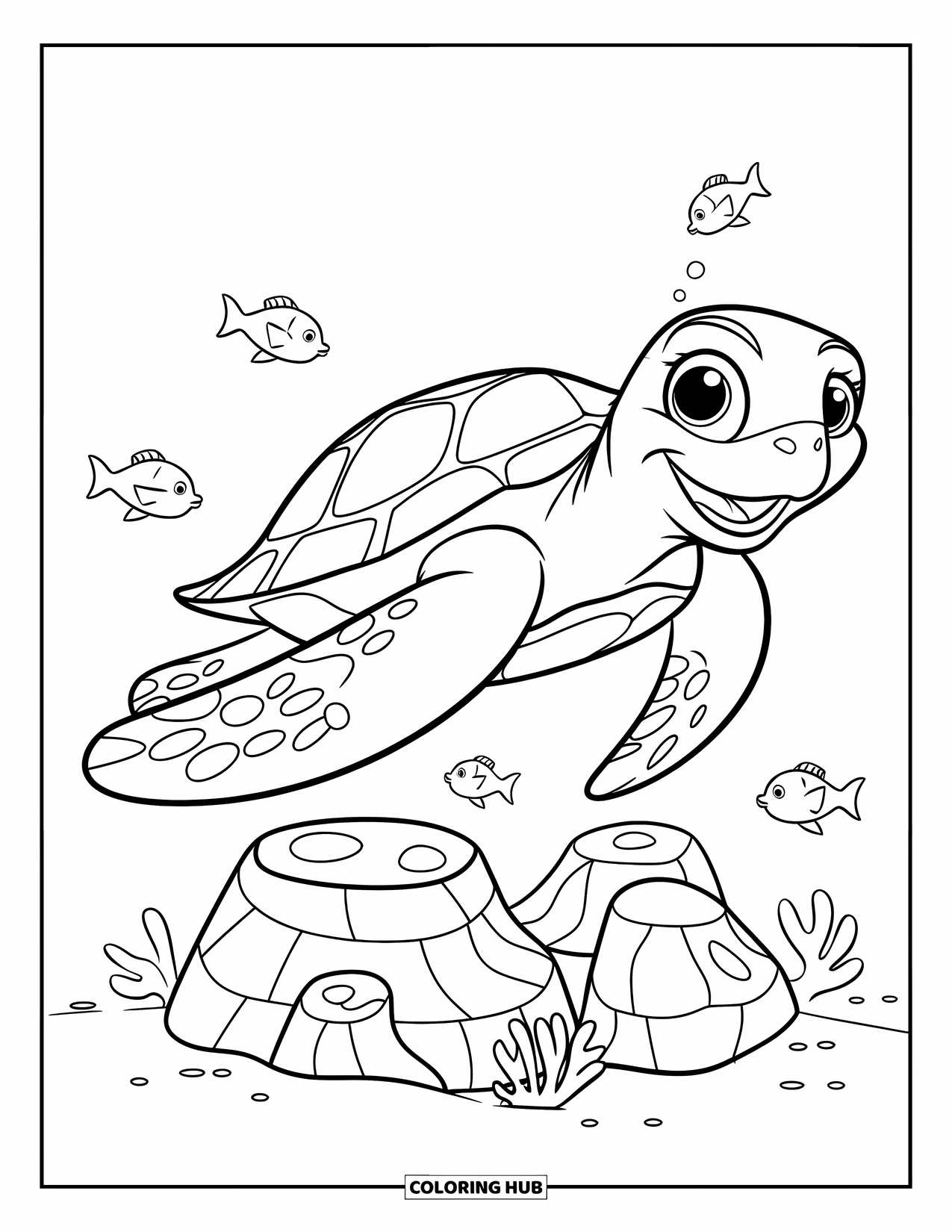 Coral Reef Coloring Page for Kids: Sea turtle happily swimming over coral rocks in a blue ocean