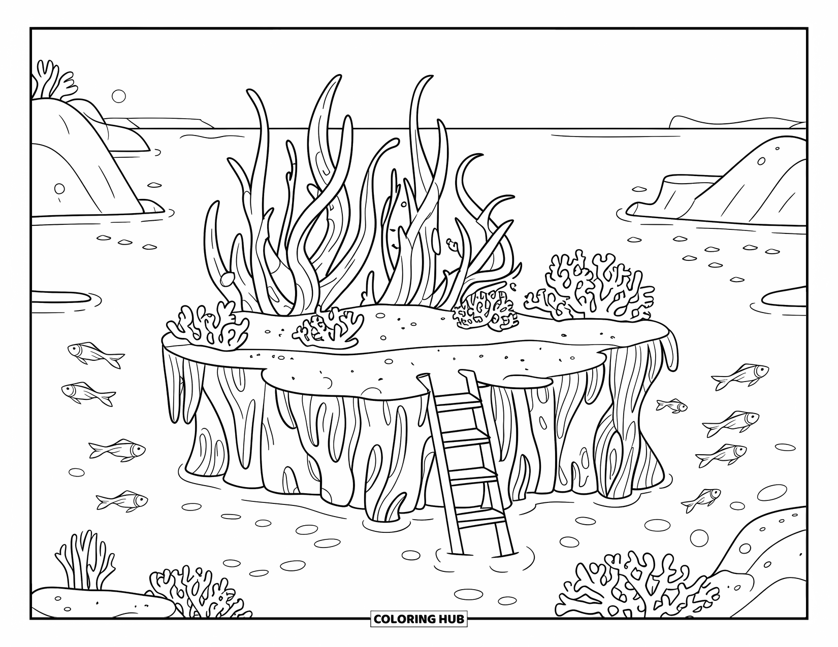 Coral Reef Coloring Page for Kids: Seaweed-covered reef platform with ladders and coral clumps