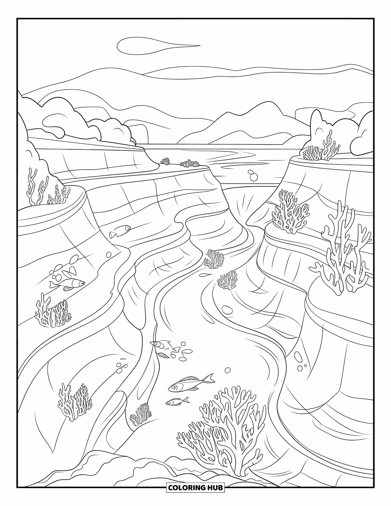 Coral Reef Coloring Page for Kids: Sweeping coral canyon with flowing curves and underwater life