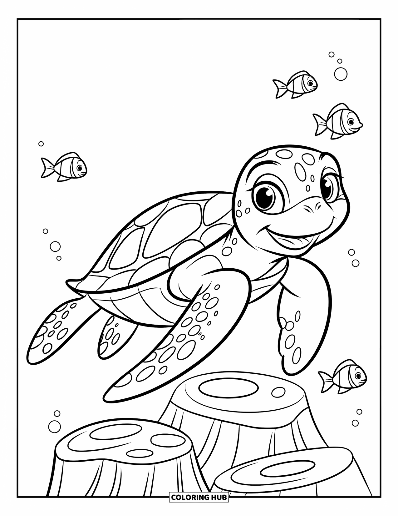 Coral Reef Coloring Page for Kids: Turtle with a big smile gliding past coral and swimming fish