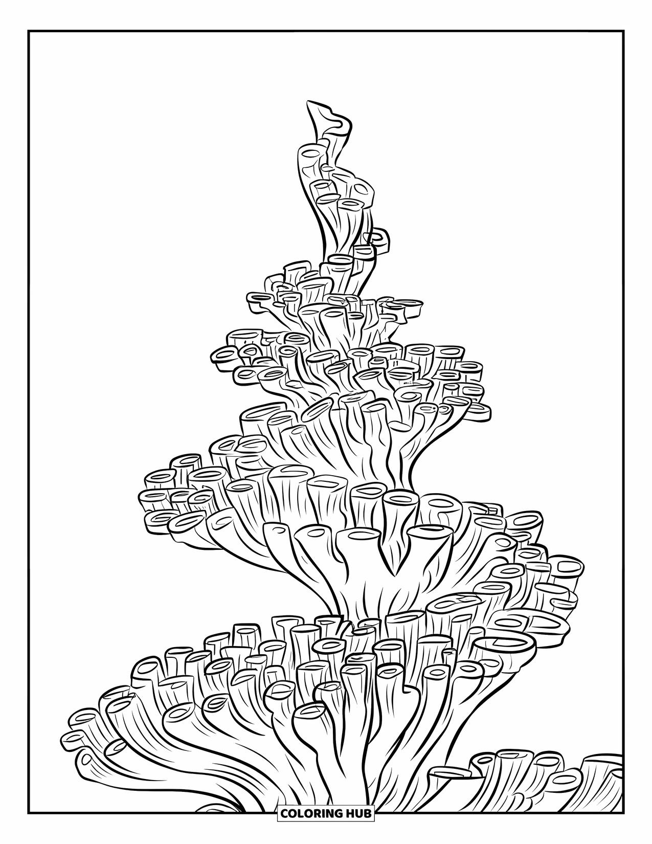 Coral Reef Coloring Page for Kids: Twisted coral formation with varied shapes and swirling growth