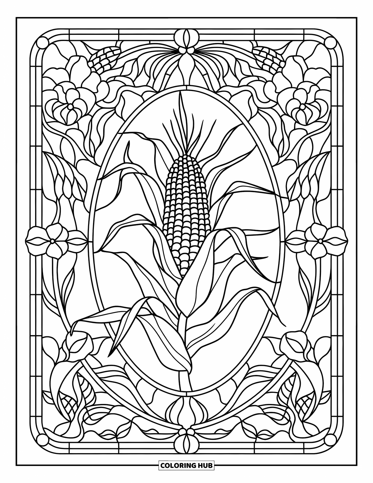 Corn Coloring Page for Adults: A bold corn stalk is framed by flowers and vines in stained glass style