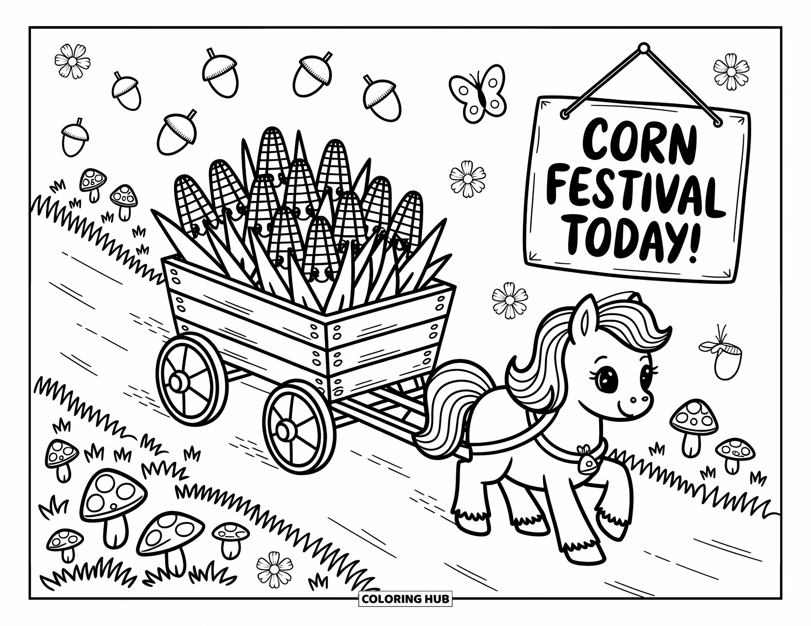 Corn Coloring Page for Adults: A cheerful wagon of corn rolls along as butterflies float and a sign announces a corn fest