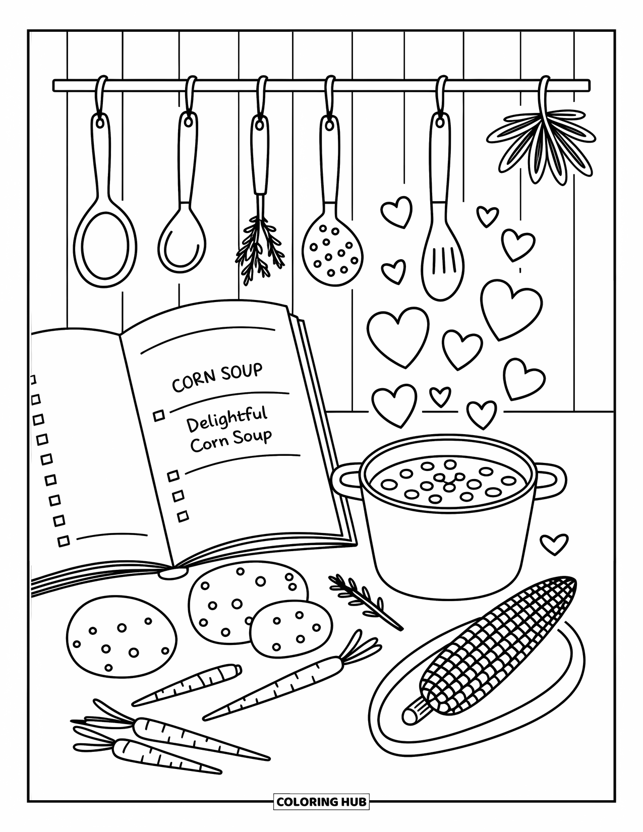 Corn Coloring Page for Adults: A corn soup recipe sits open on a kitchen counter with veggies and smiling steam